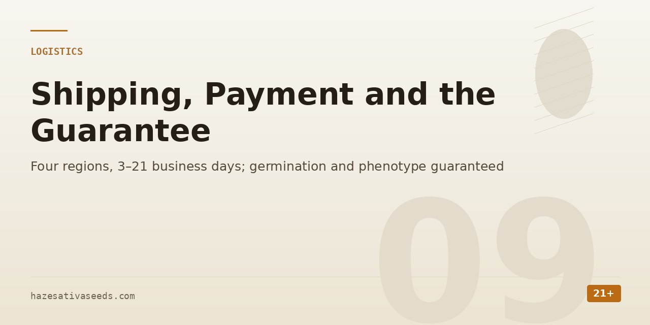 Logistics section cover noting four regions at 3 to 21 business days and that germination and phenotype are both guaranteed