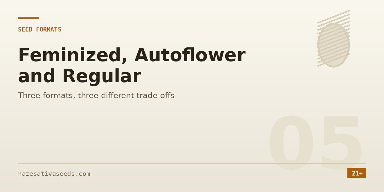 Seed formats section cover introducing the three sativa seed types and the trade-off attached to each