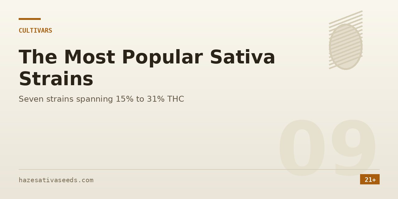 Cultivars section cover covering seven popular sativa strains spanning fifteen to thirty-one percent reported THC